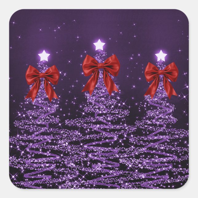 Sticker Carré Christmas Sparkling Trees Purple Faux Red Bow  (Devant)