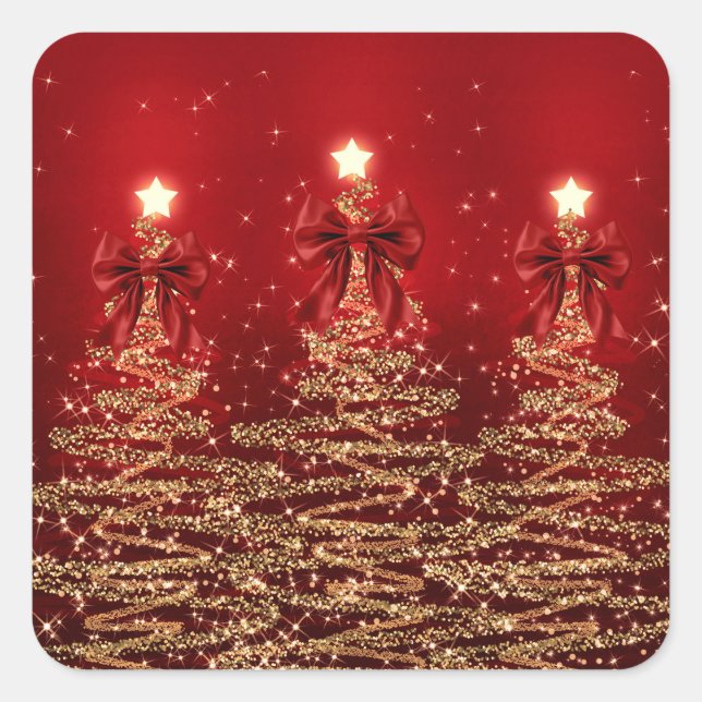Sticker Carré Christmas Sparkling Trees Red Gold Faux Bow  (Devant)