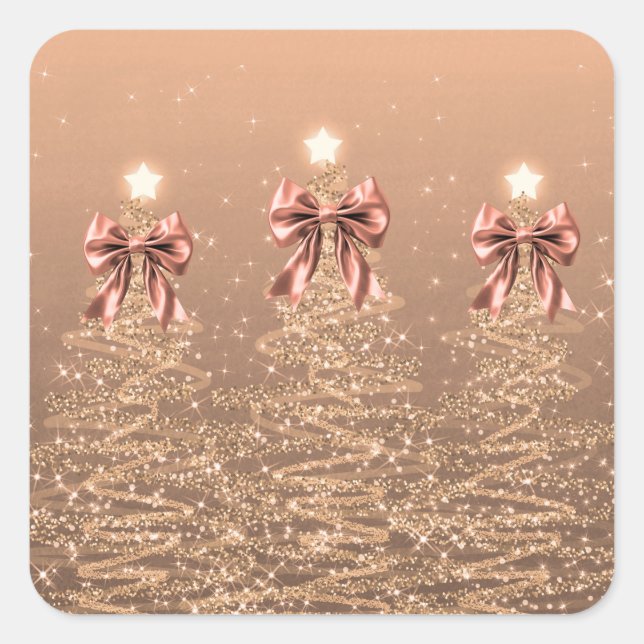 Sticker Carré Christmas Sparkling Trees Rose Gold Faux Bow  (Devant)