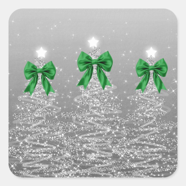Sticker Carré Christmas Sparkling Trees Silver Faux Green Bow  (Devant)