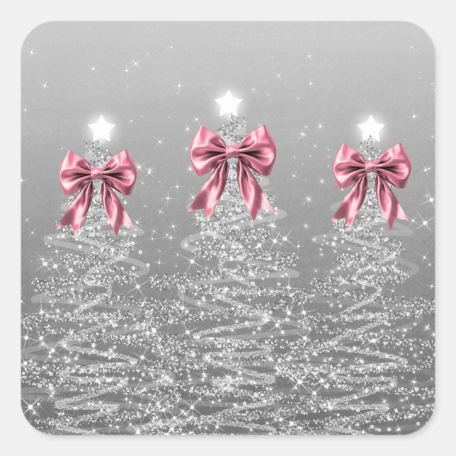 Sticker Carré Christmas Sparkling Trees Silver Faux Pink Bow  (Devant)