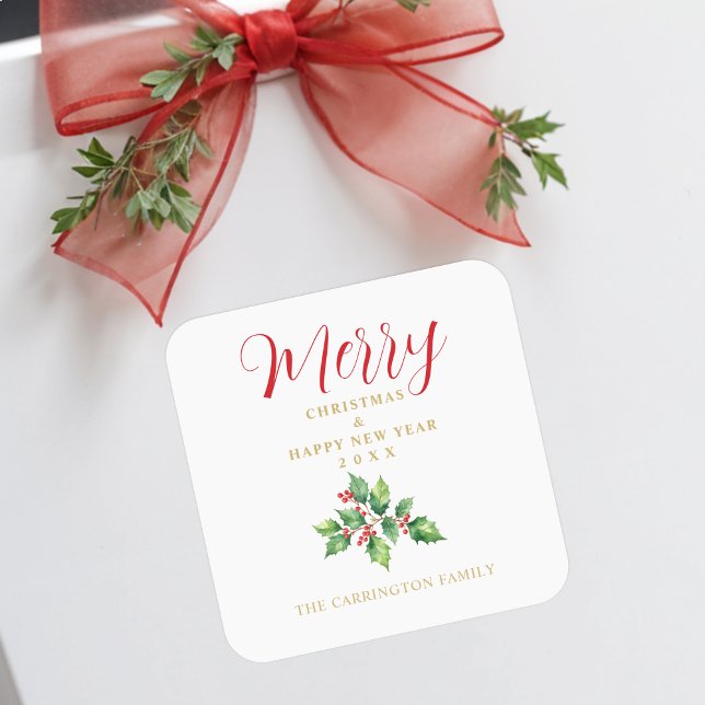 Sticker Carré Christmas Sprig Holly Green Leaves & Red Berries (Christmas Sprig Holly Green Leaves & Red Berries Square Stickers.)
