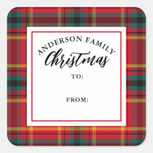 Sticker Carré Christmas Tartan Plaid Nom de famille Cadeau