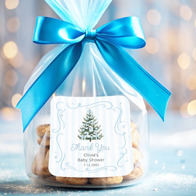 Sticker Carré Christmas Thee Blue Winter Baby Shower Thank You (Créateur téléchargé)
