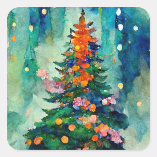 Sticker Carré Christmas Tree with sparkly lights w/ snowy trees