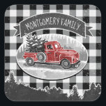 Sticker Carré Christmas Vintage Truck Black Buffalo Plaid Name<br><div class="desc">Add your family name to these holiday stickers featuring a winter scene of a vintage red pickup truck driving through the snow and a Christmas tree in the back. A banner above has a family name for you to personalize in a modern white typography. The background is a black and...</div>