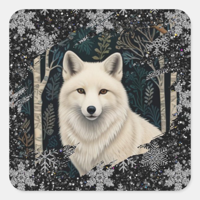 Sticker Carré Christmas white fox white wolf sparkling snowflake (Devant)