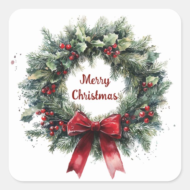 Sticker Carré Christmas Wreath Holly Leaves Red Bow Greenery  (Devant)