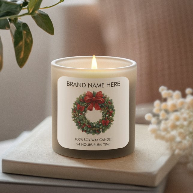 Sticker Carré Christmas Wreath Red Bow | Modern Candle Labels (Créateur téléchargé)