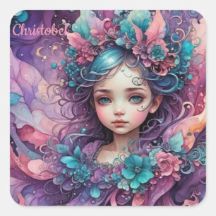 Sticker Carré CHRISTOBEL~ WOW ! Lavande bleue rose fée ~