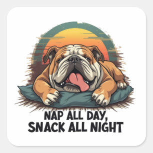 Sticker Carré Chubby Anglais Bulldog Nap Et Snack