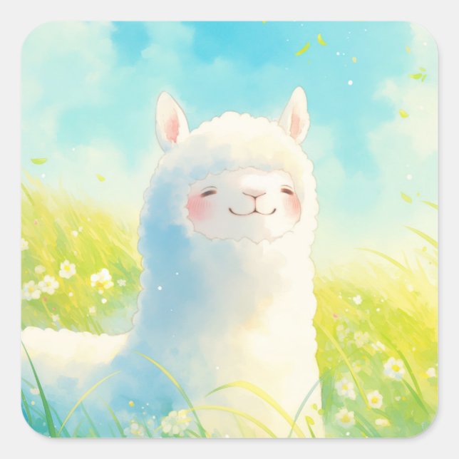Sticker Carré Chuchotements de Printemps avec un Alpaca (Devant)