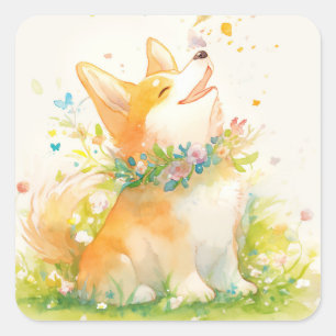 Sticker Carré Chuchotements printaniers avec un Corgi heureux