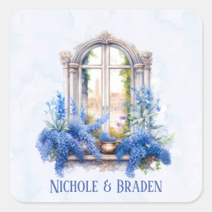 Sticker Carré Church View Blue Watercolor Mariage élégant