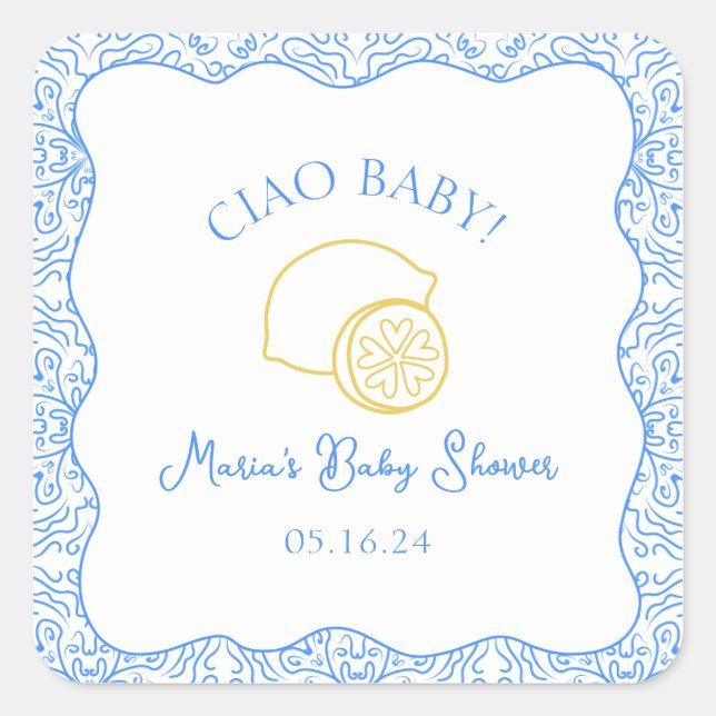 Sticker Carré Ciao Baby ! Baby shower italien citron bleu (Devant)