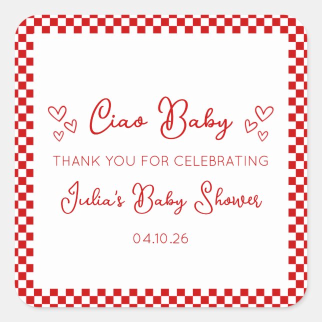 Sticker Carré Ciao Baby! Italian Red Baby Shower Thank You (Devant)