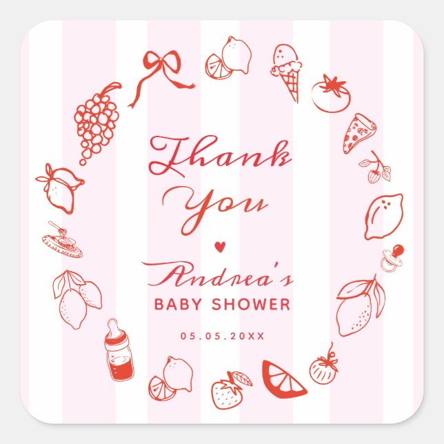 Sticker Carré Ciao Baby Pink & Red Hand Drake Baby shower italie (Devant)