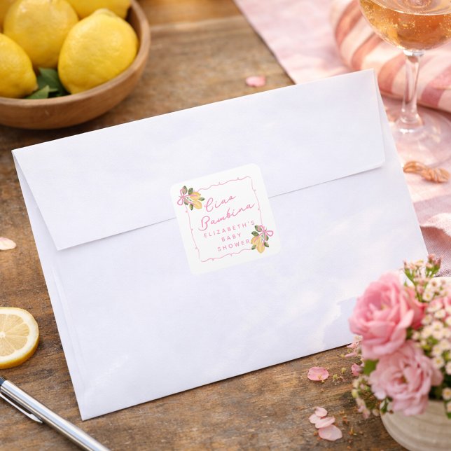 Sticker Carré Ciao Bambina Pink Ribbon Yellow Lemon Baby Shower (Ciao Bambina Pink Ribbon Yellow Lemon Baby Shower Square Sticker)