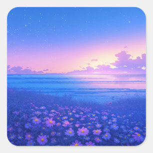 Sticker Carré Ciel nocturne étoilé au-dessus d'une prairie de fl