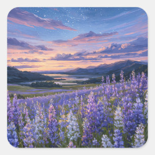 Sticker Carré Ciel nocturne étoilé au-dessus d'une prairie de lu