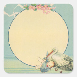Sticker Carré Cigogne vintage portant un bébé garçon dans une co