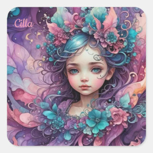 Sticker Carré CILLA ~ WOW ! Lavande bleue rose fée ~