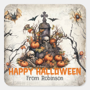 Sticker Carré cimetière des crânes d'aquarelle vintage tradition