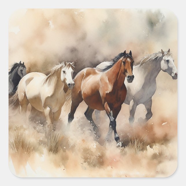 Sticker Carré “Cinq mustangs galopants” Aquarelle western poussi (Devant)
