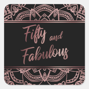 Sticker Carré Cinquante ans et Fabuleux Faux Mandala en Or Rose