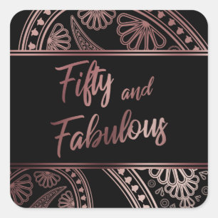 Sticker Carré Cinquante ans et Fabuleux Faux Or Rose et Paisley