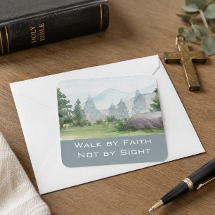Sticker Carré Citation biblique Walk By Faith Aquarelle Forêt