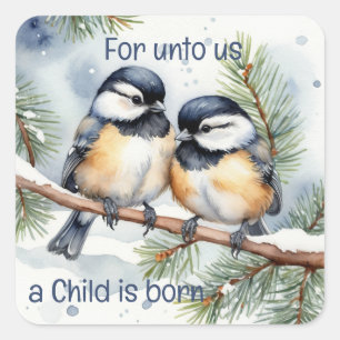 Sticker Carré Citation de la Bible de Noël Cute Chickadee Birds