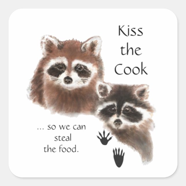 Sticker Carré Citation drôle Kiss the Cook mignon Raccoons, Anim (Devant)
