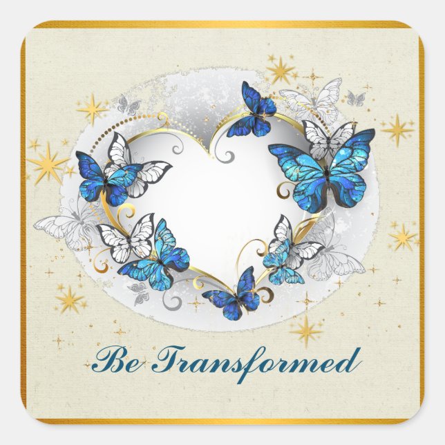 Sticker Carré Citation Transformée Cœur et Papillons Bleus (Devant)