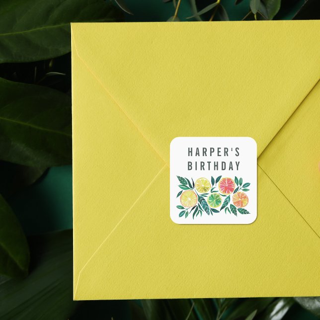 Sticker Carré Citron et orange Nom personnalisé Anniversaire Fêt (Square Sticker Mock-up)