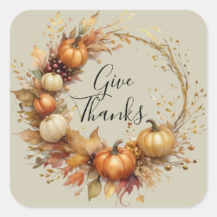 Sticker Carré Citrouille aquarelle Wreath Thanksgiving