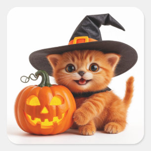 Sticker Carré Citrouille de Halloween Kitten Orange Jack O Lante