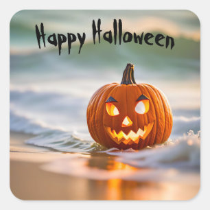 Sticker Carré Citrouille d'Halloween au bord de la mer