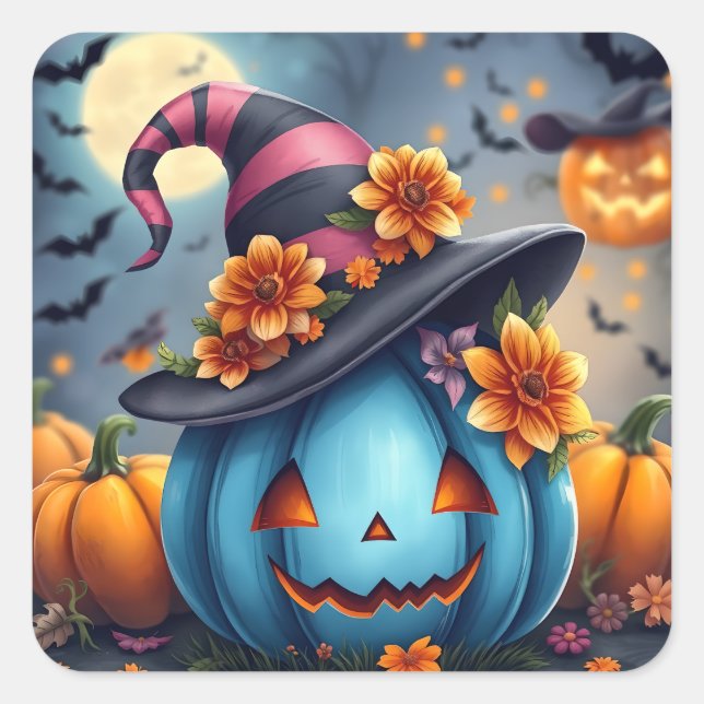 Sticker Carré Citrouille d'Halloween bleue Jack-o-lantern (Devant)