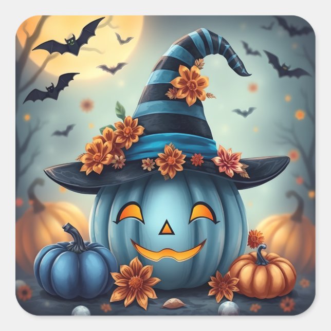 Sticker Carré Citrouille d'Halloween bleue Jack-o-lantern (Devant)