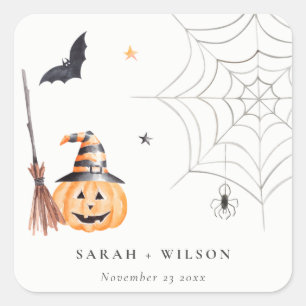 Sticker Carré Citrouille d'Halloween doux Spiderweb Mariage Éffr