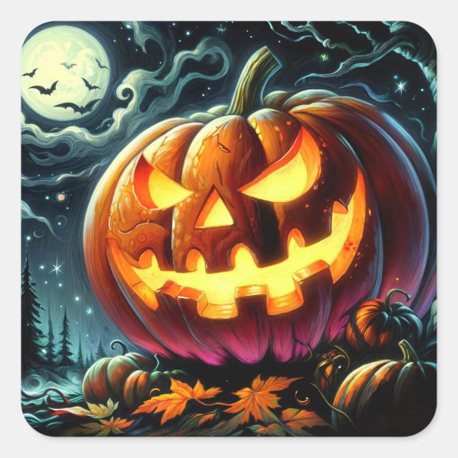 Sticker Carré Citrouille d'Halloween effrayante Jack-o-Lantern (Devant)