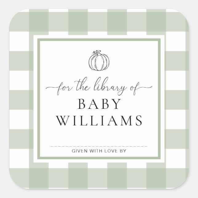 Sticker Carré Citrouille Gingham Vert Sauge Ex Libris De Bibliot (Devant)