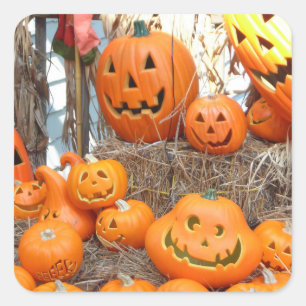 Sticker Carré Citrouille halloween Jack-o'-lantern orange citrou