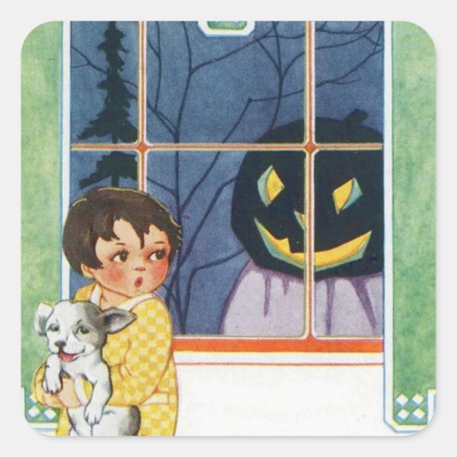 Sticker Carré Citrouille Jack O Lantern Fantôme Fille Chiot (Devant)