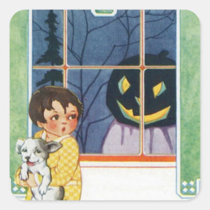 Sticker Carré Citrouille Jack O Lantern Fantôme Fille Chiot