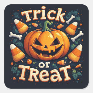 Sticker Carré Citrouille Jack O Lantern Ludique Avec Friandises