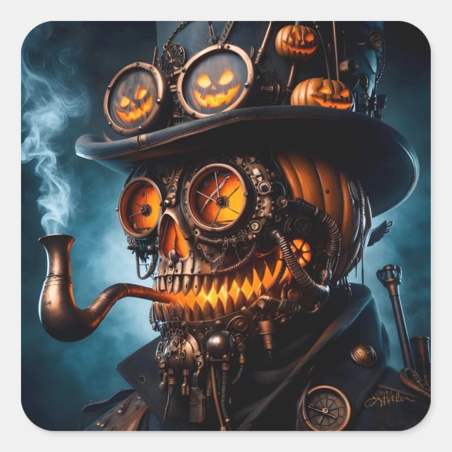 Sticker Carré Citrouille Jack-O-Lantern Steampunk Gothique Hallo (Devant)