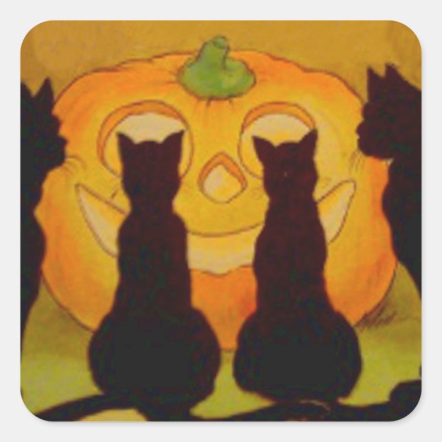 Sticker Carré Citrouille Lanterne Jack Chat Noir (Devant)