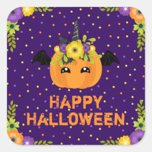 Sticker Carré Citrouille Licorne Joyeux Halloween Carré Violet S